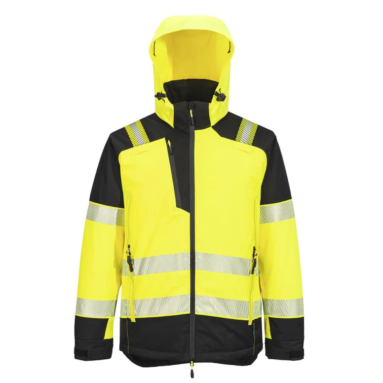 Arbeitsjacke Hohe Sichtbarkeit Multitaschen Wasserdicht Stretch Mit Kapuze Durchgehender Reißverschluss Portwest T160