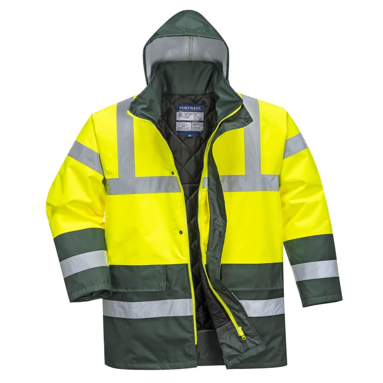 Arbeitsjacke Hohe Sichtbarkeit Wasserdicht Multitaschen Zweifarbig mit Kapuze Traffic Portwest S466